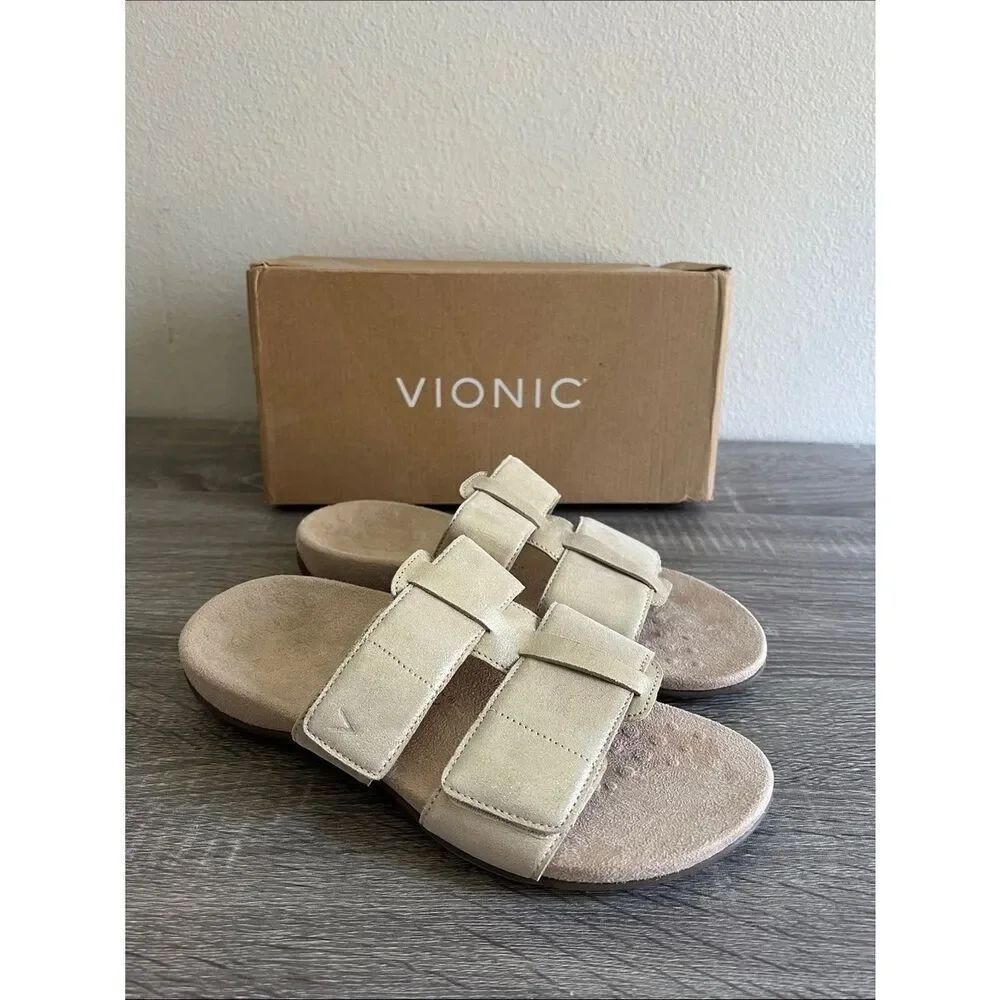 New Vionic Leather Adjustable Slide Sandals - Riley 7.5W